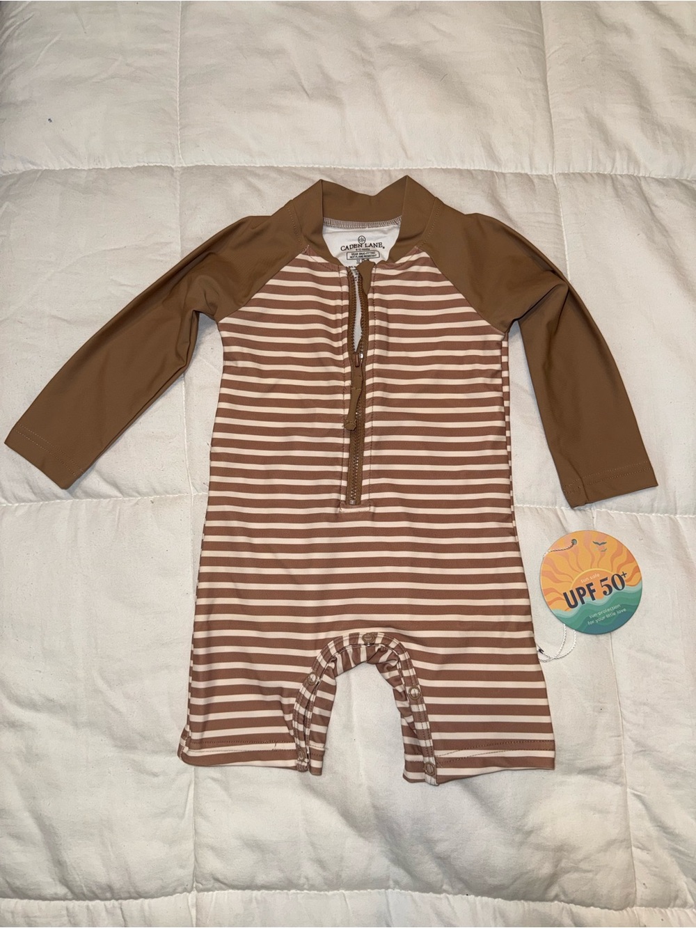 NWT Caden Lane Kids UPF 50+ Brown Stripe Long-Sleeve Swim Romper